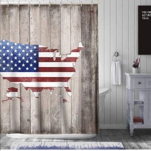 HNB Vintage Wood American Map Star Flag Shower Curtain Waterproof.